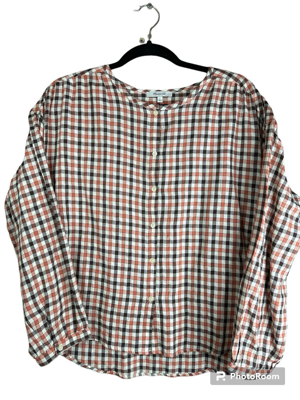 Madewell 'Meadow'  Orange Black Button Down Long Sleeve Plaid Blouse Size Small